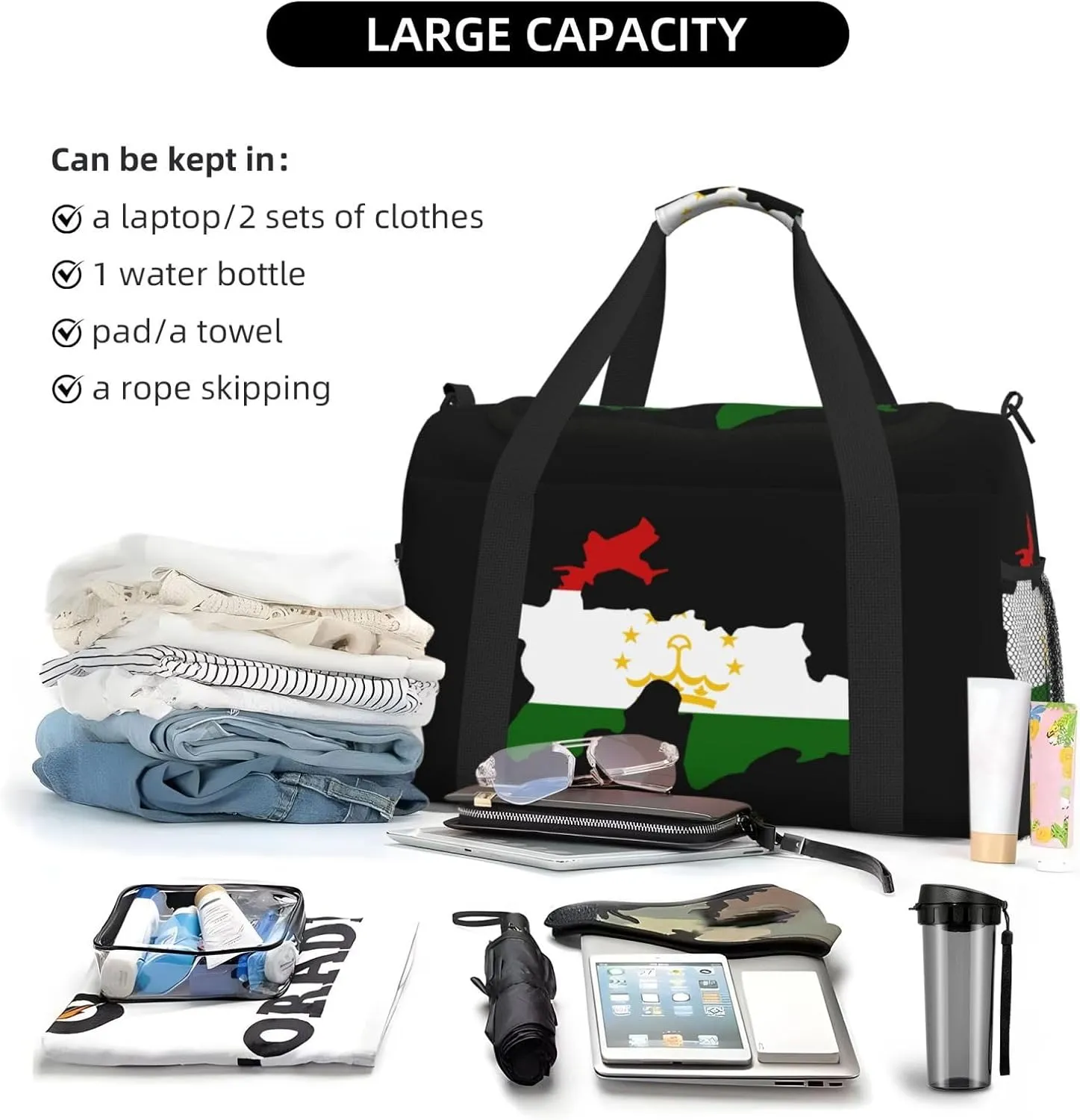 Flag Map Of Tajikistan Travel Duffel Bag Large Foldable Waterproof Overnight Bag For Beach Swim Bags Pool Sports Gym