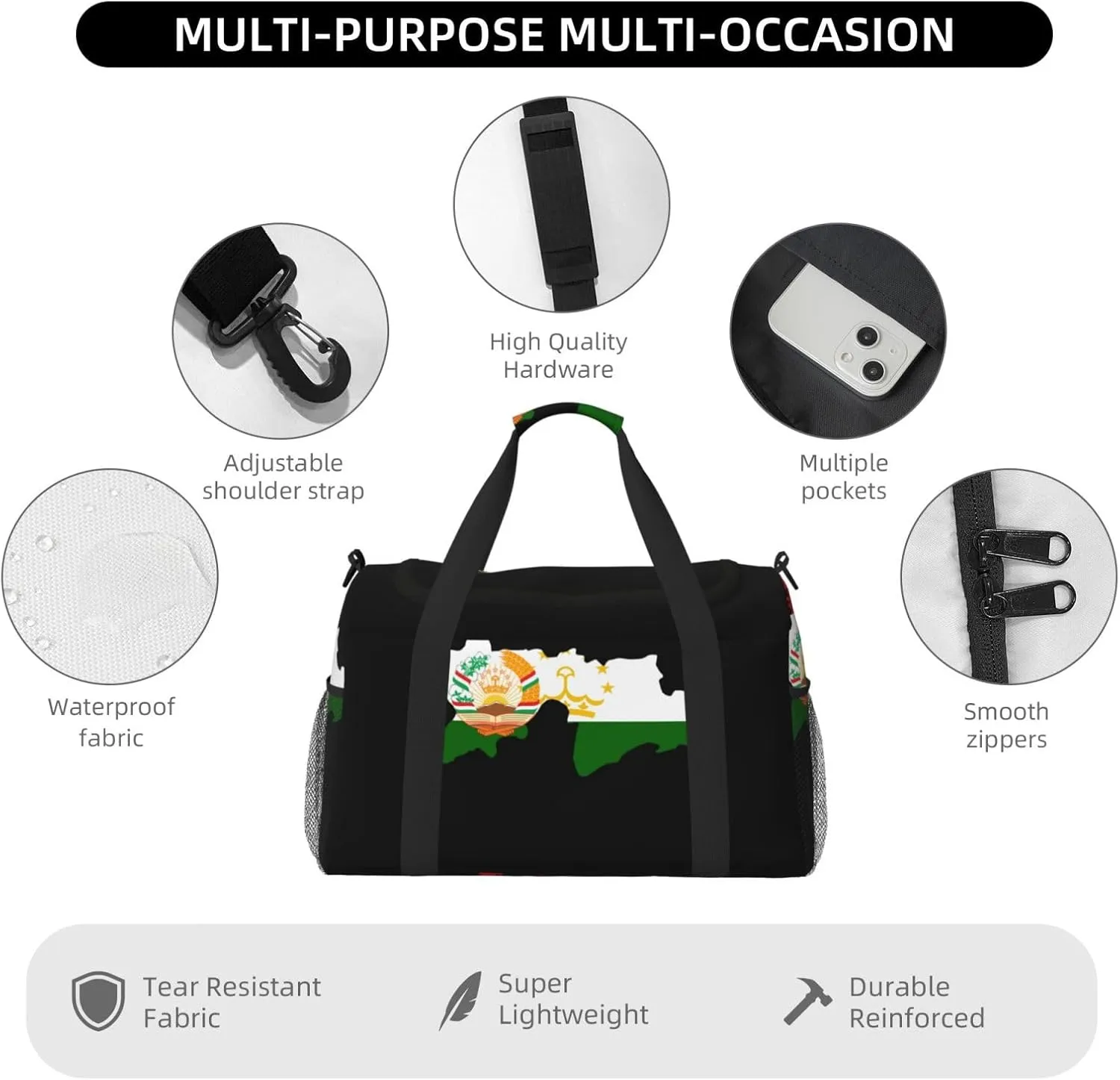 Flag Map Of Tajikistan Travel Duffel Bag Large Foldable Waterproof Overnight Bag For Beach Swim Bags Pool Sports Gym