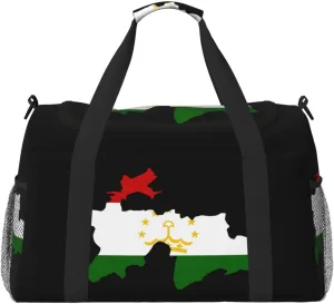 Flag Map Of Tajikistan Travel Duffel Bag Large Foldable Waterproof Overnight Bag For Beach Swim Bags Pool Sports Gym