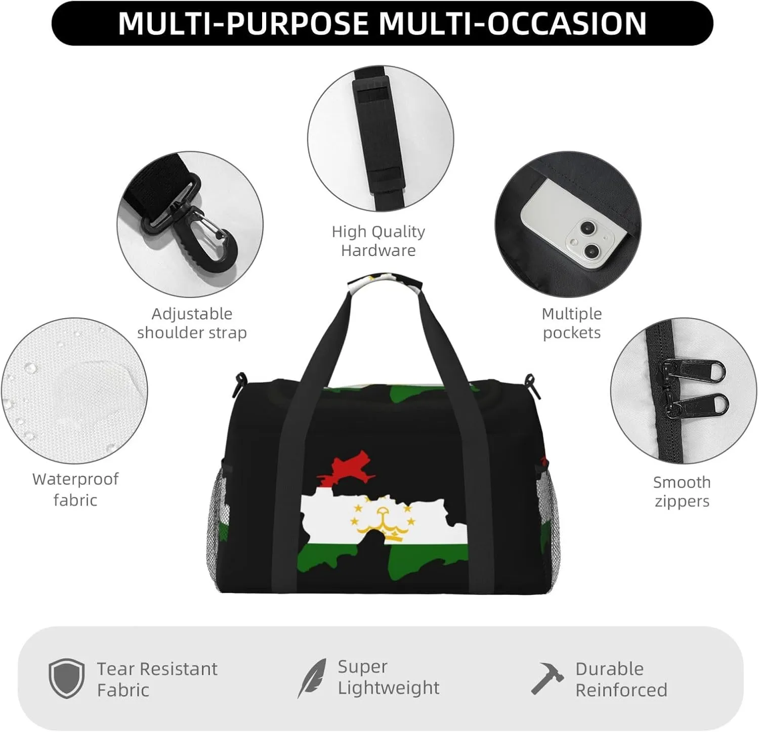 Flag Map Of Tajikistan Travel Duffel Bag Large Foldable Waterproof Overnight Bag For Beach Swim Bags Pool Sports Gym