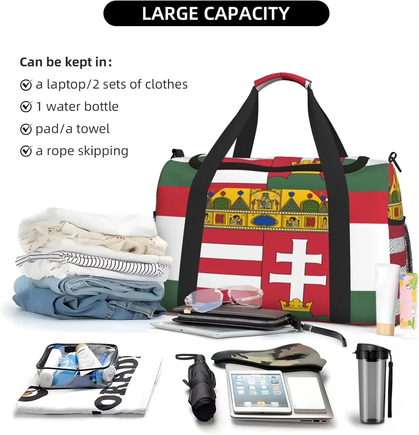 Flag Of Hungary Travel Duffel Bag Large Foldable Waterproof Overnight Bag For Beach Swim Bags Pool Sports Gym