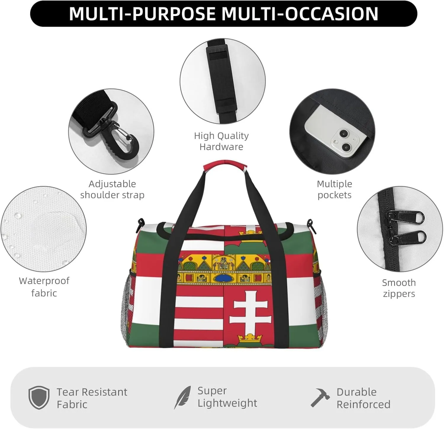 Flag Of Hungary Travel Duffel Bag Large Foldable Waterproof Overnight Bag For Beach Swim Bags Pool Sports Gym