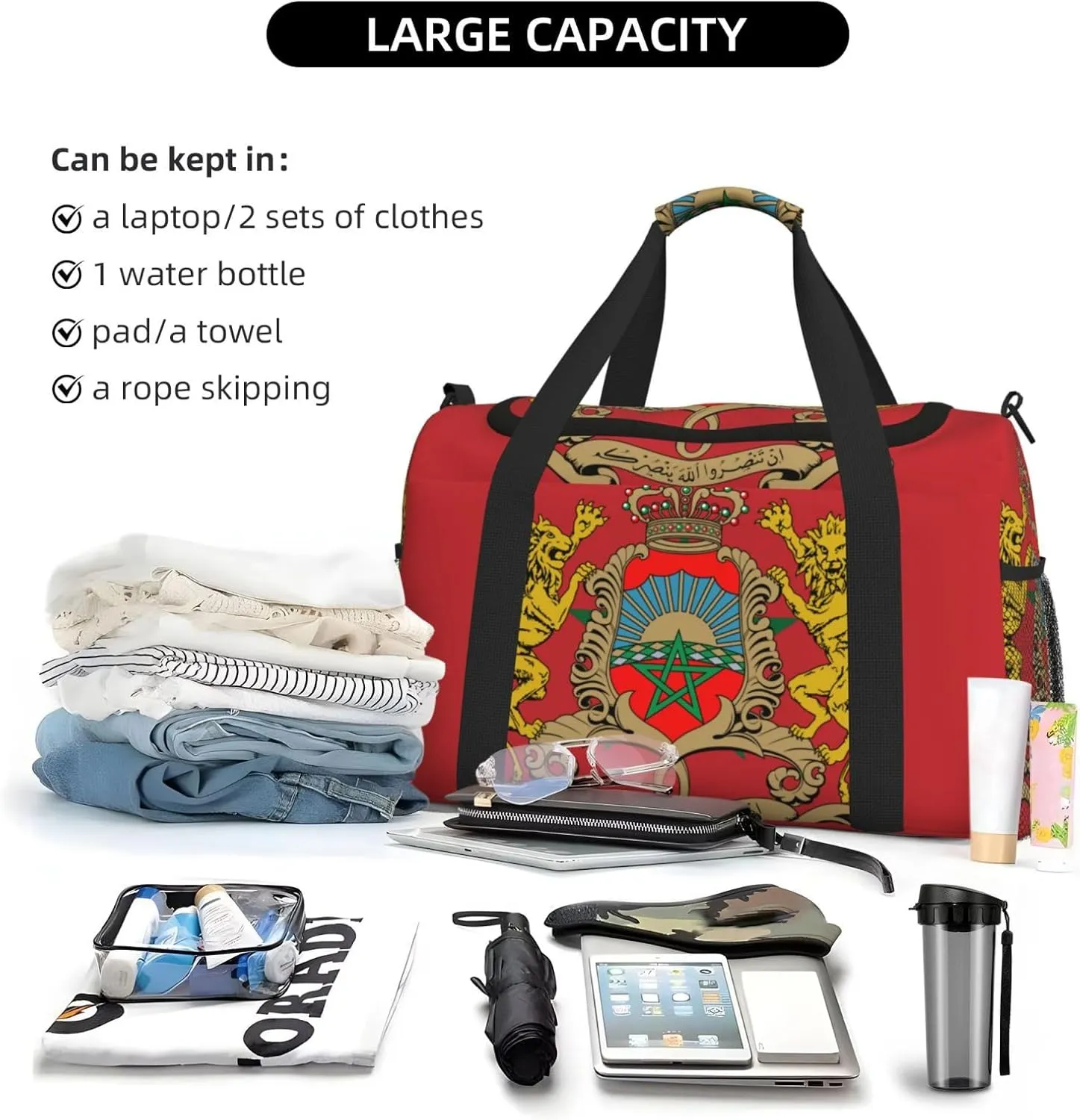 Flag Of Morocco Travel Duffel Bag Large Foldable Waterproof Overnight Bag For Beach Swim Bags Pool Sports Gym