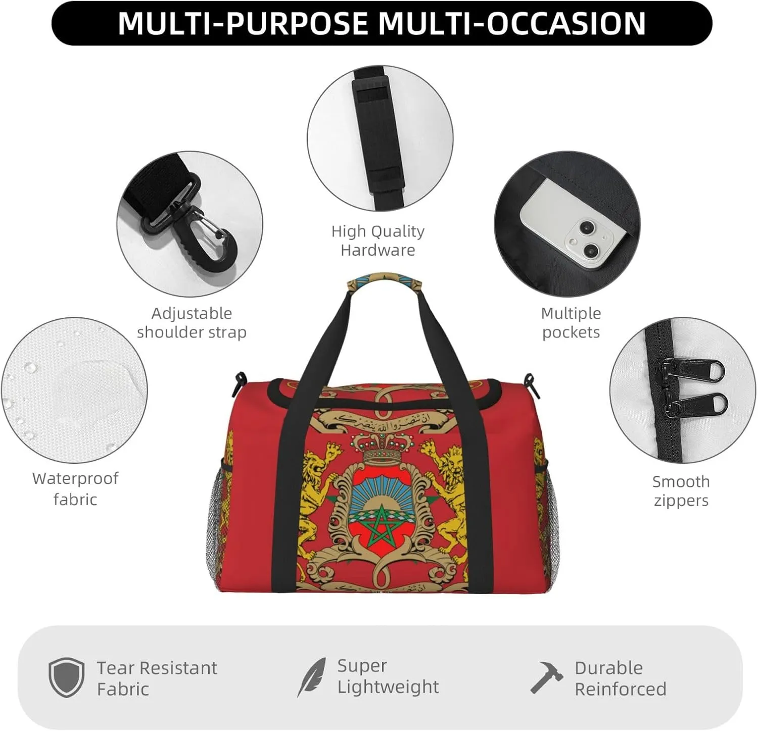Flag Of Morocco Travel Duffel Bag Large Foldable Waterproof Overnight Bag For Beach Swim Bags Pool Sports Gym