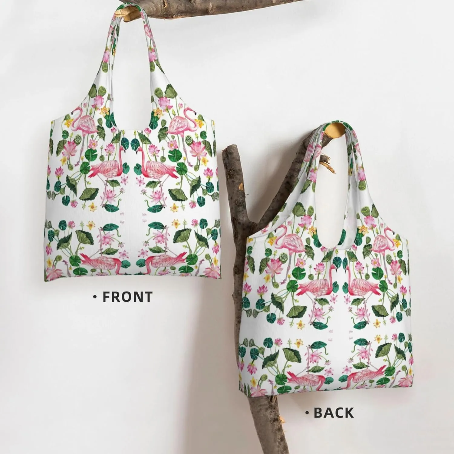 Flamingo Bird Round Leaves Canvas Bag Bag Handbag Eco-Friendly Reusable Groceryshopping Bags For Women Girls