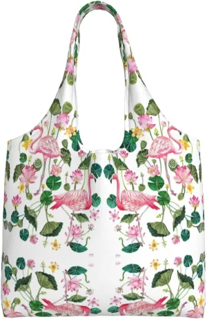 Flamingo Bird Round Leaves Canvas Bag Bag Handbag Eco-Friendly Reusable Groceryshopping Bags For Women Girls