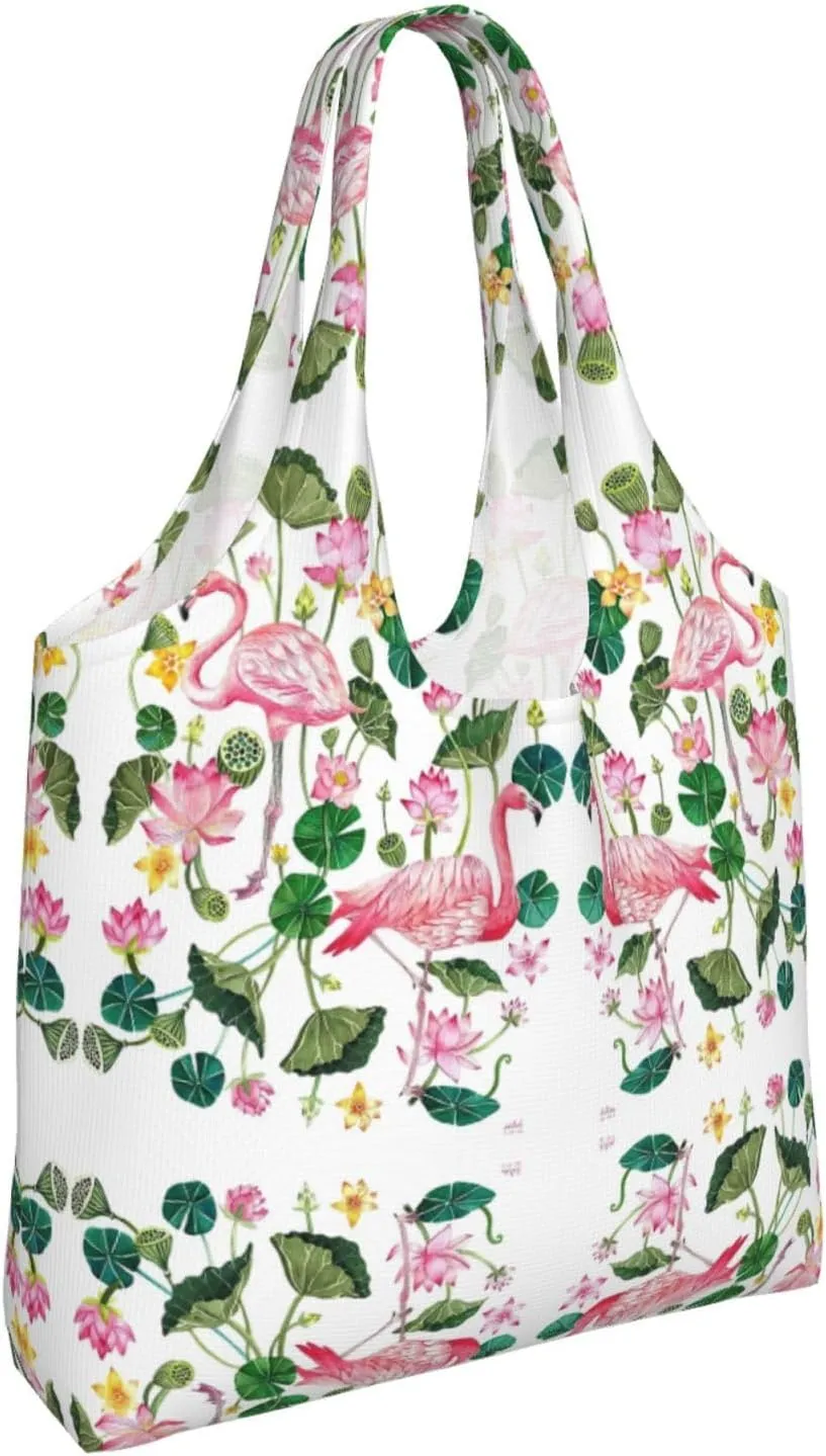 Flamingo Bird Round Leaves Canvas Bag Bag Handbag Eco-Friendly Reusable Groceryshopping Bags For Women Girls