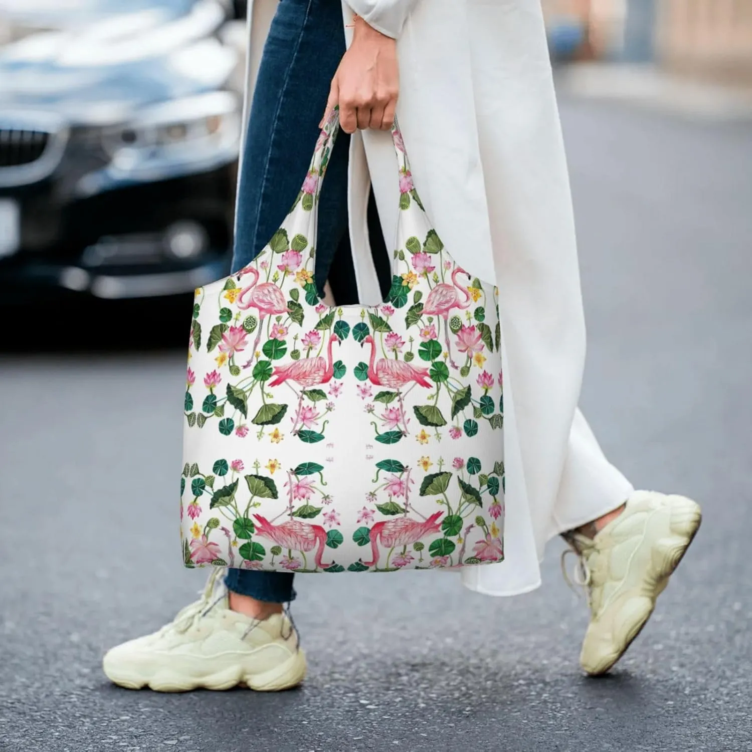 Flamingo Bird Round Leaves Canvas Bag Bag Handbag Eco-Friendly Reusable Groceryshopping Bags For Women Girls