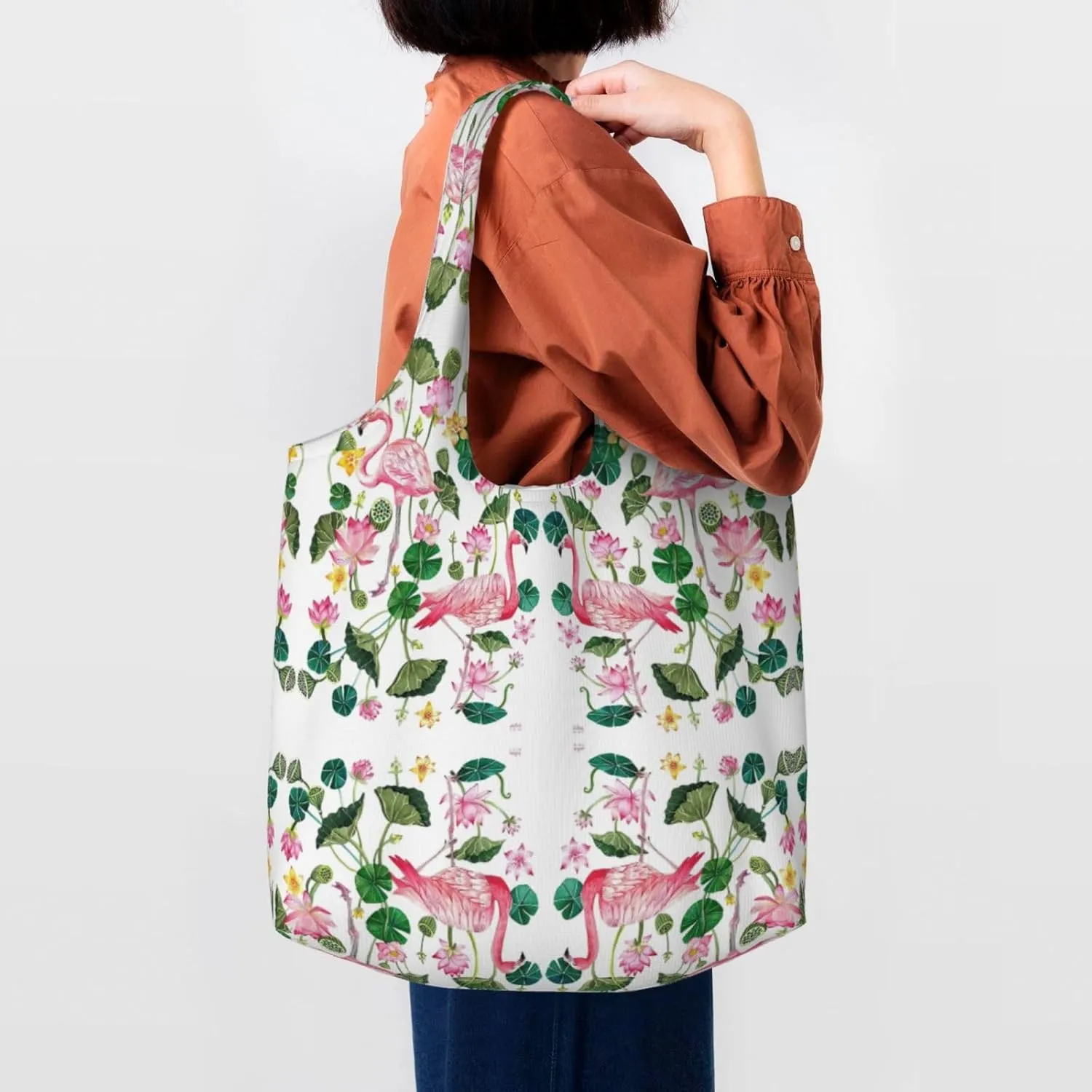 Flamingo Bird Round Leaves Canvas Bag Bag Handbag Eco-Friendly Reusable Groceryshopping Bags For Women Girls