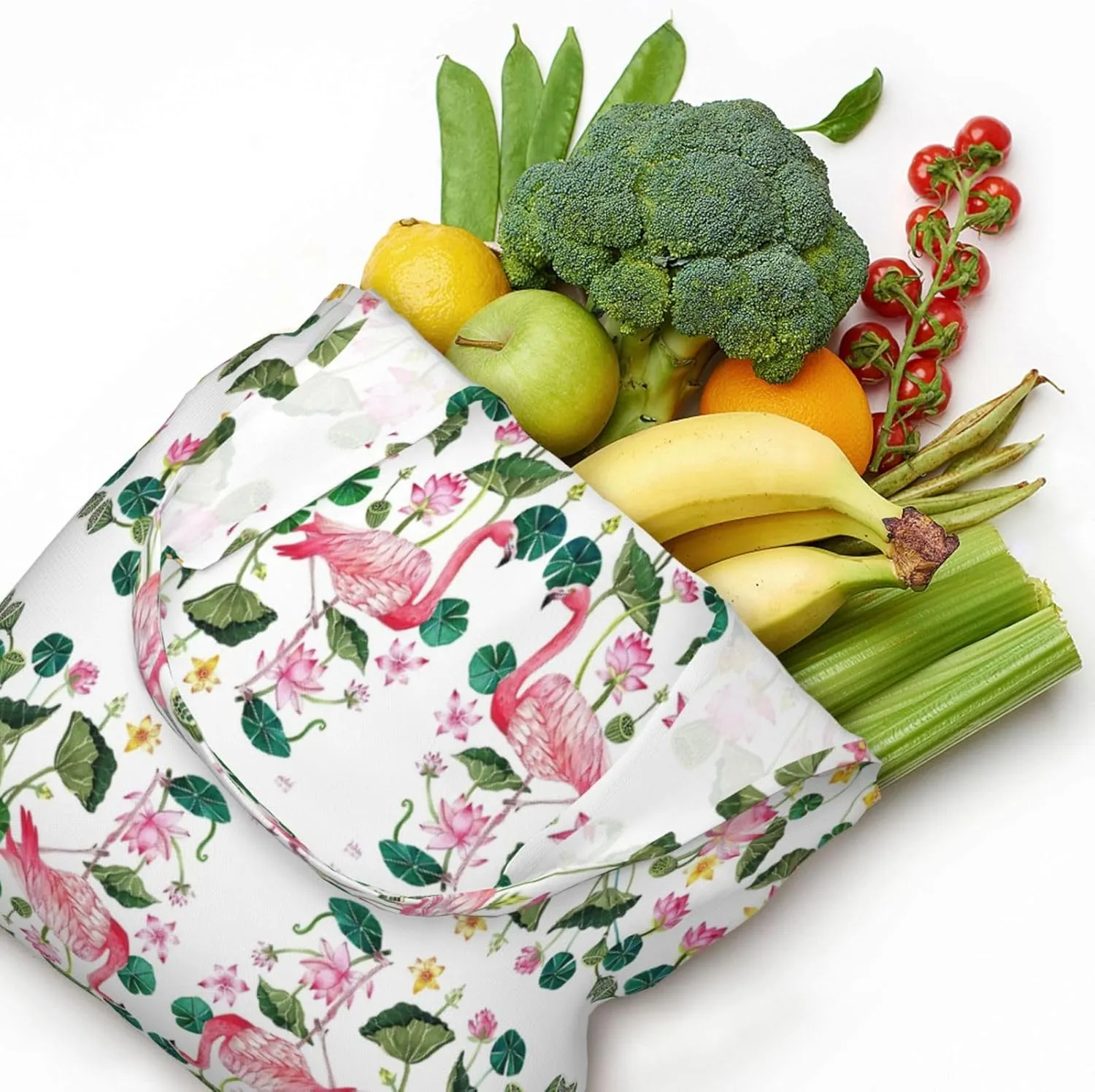 Flamingo Bird Round Leaves Canvas Bag Bag Handbag Eco-Friendly Reusable Groceryshopping Bags For Women Girls