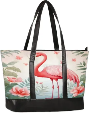 Flamingo Plants Flowers Laptop Tote Bag for Women Lightweight Work Purse with Multiple Compartments Fits 13-15.6 Inch Laptop Tablet Shoulder Bag for Office Travel Daily Use