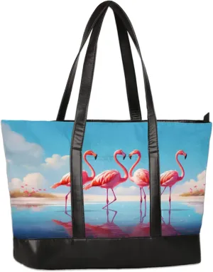 Flamingos Flowers Coast Laptop Tote Bag for Women Lightweight Work Purse with Multiple Compartments Fits 13-15.6 Inch Laptop Tablet Shoulder Bag for Office Travel Daily Use