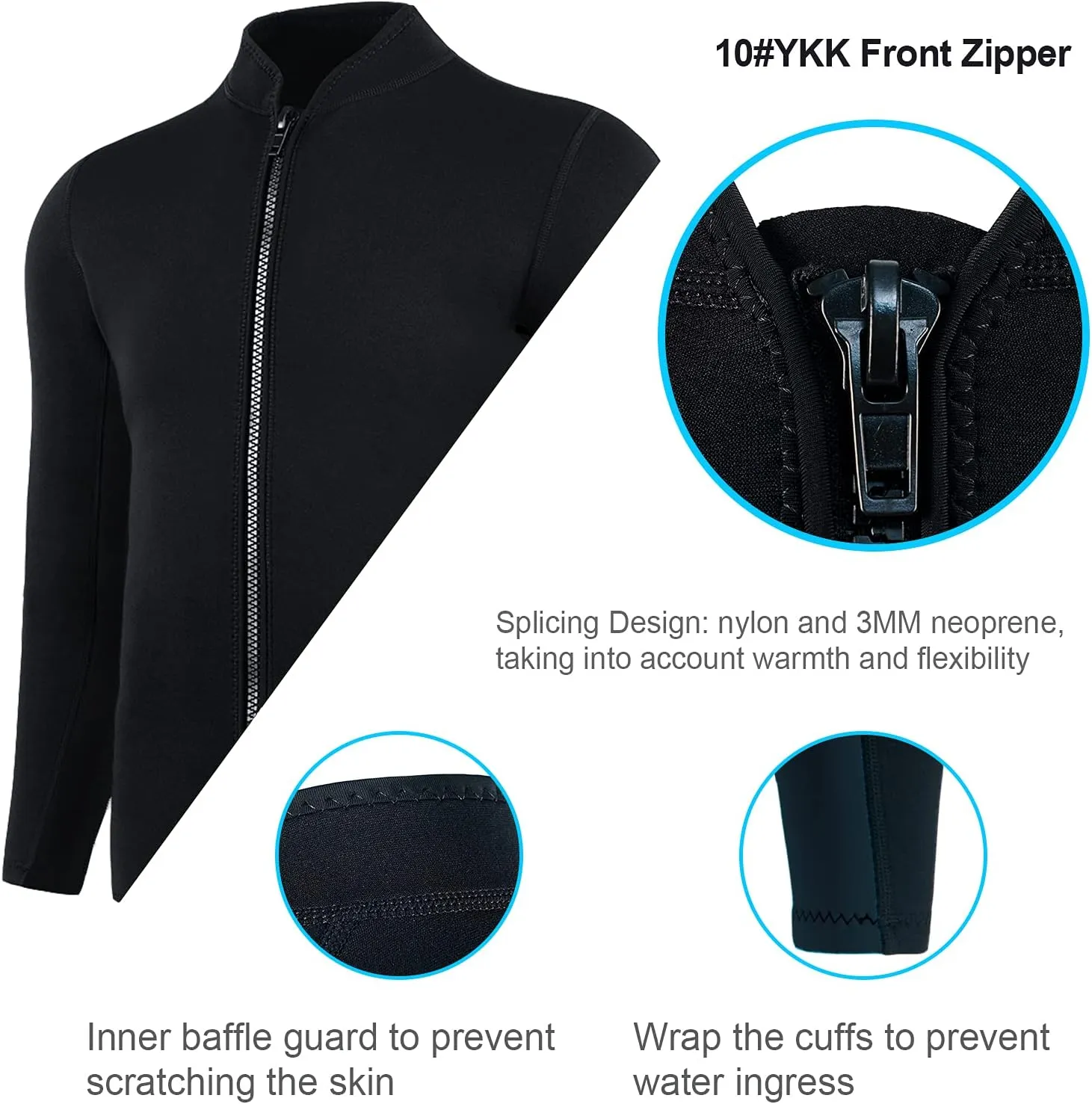 FLEXEL Wetsuit Top Mens Women 3mm Neoprene Long Sleeve Front Zipper 2MM Mens Wetsuit Top for Diving Snorkeling Surfing Kayaking Canoeing