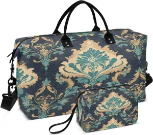 Floral Damask Ornament Teal Sports Gym Bag for Women Men Travel Duffel Bag Weekend Overnight Carry on Bag with Toiletry Bag for Swimming Yoga Hospital Plane