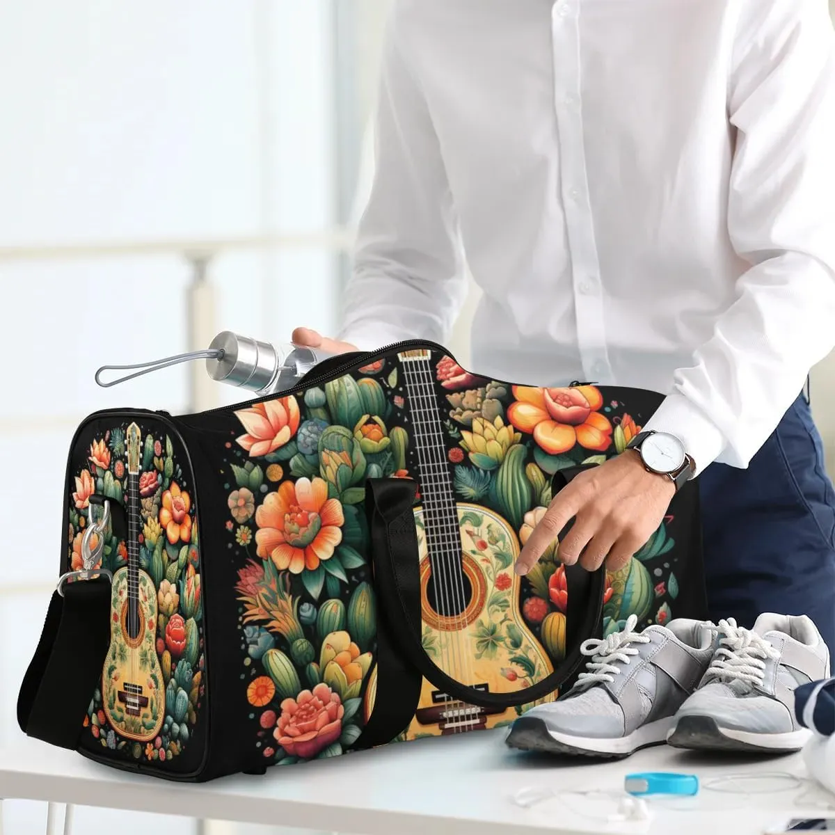 Floral Guitar Print Travel Duffel Bag for Women Men Waterproof Foldable Overnight Weekender Bag Large Capacity Sports Gym Bag