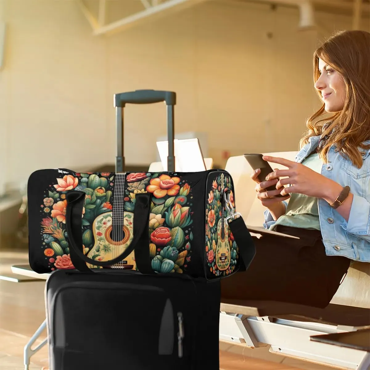 Floral Guitar Print Travel Duffel Bag for Women Men Waterproof Foldable Overnight Weekender Bag Large Capacity Sports Gym Bag