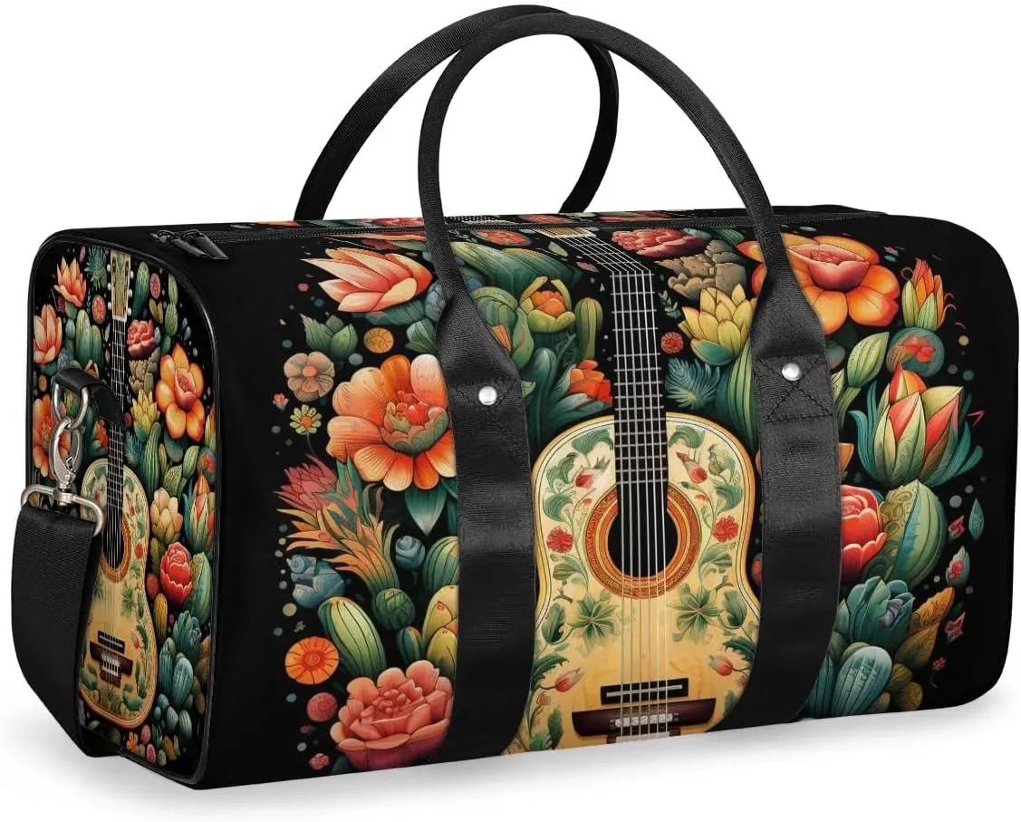 Floral Guitar Print Travel Duffel Bag for Women Men Waterproof Foldable Overnight Weekender Bag Large Capacity Sports Gym Bag