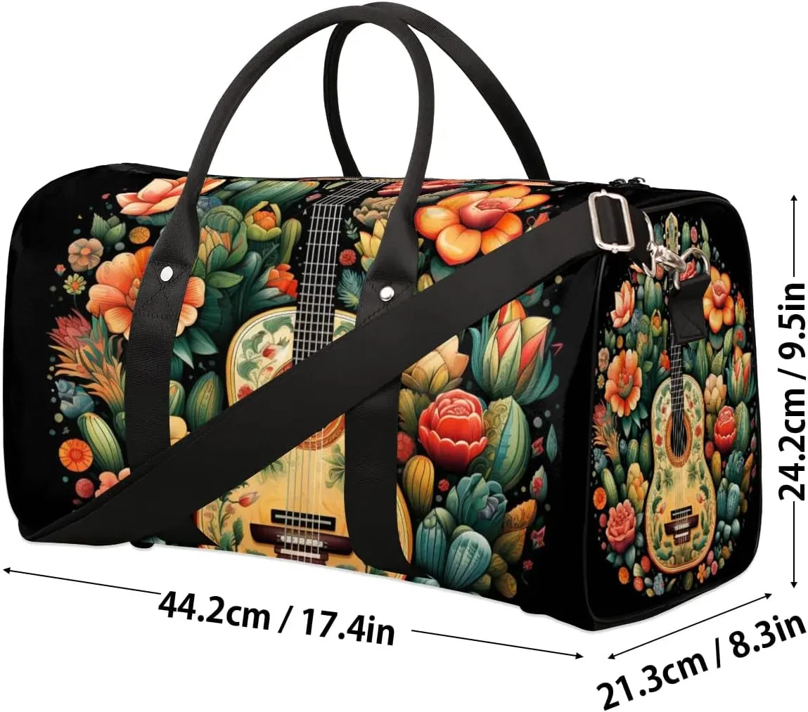 Floral Guitar Print Travel Duffel Bag for Women Men Waterproof Foldable Overnight Weekender Bag Large Capacity Sports Gym Bag
