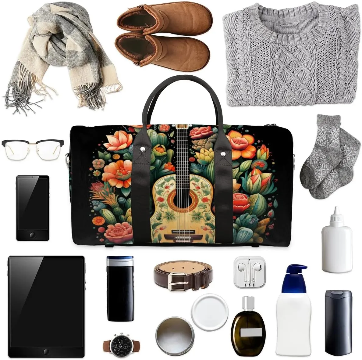 Floral Guitar Print Travel Duffel Bag for Women Men Waterproof Foldable Overnight Weekender Bag Large Capacity Sports Gym Bag