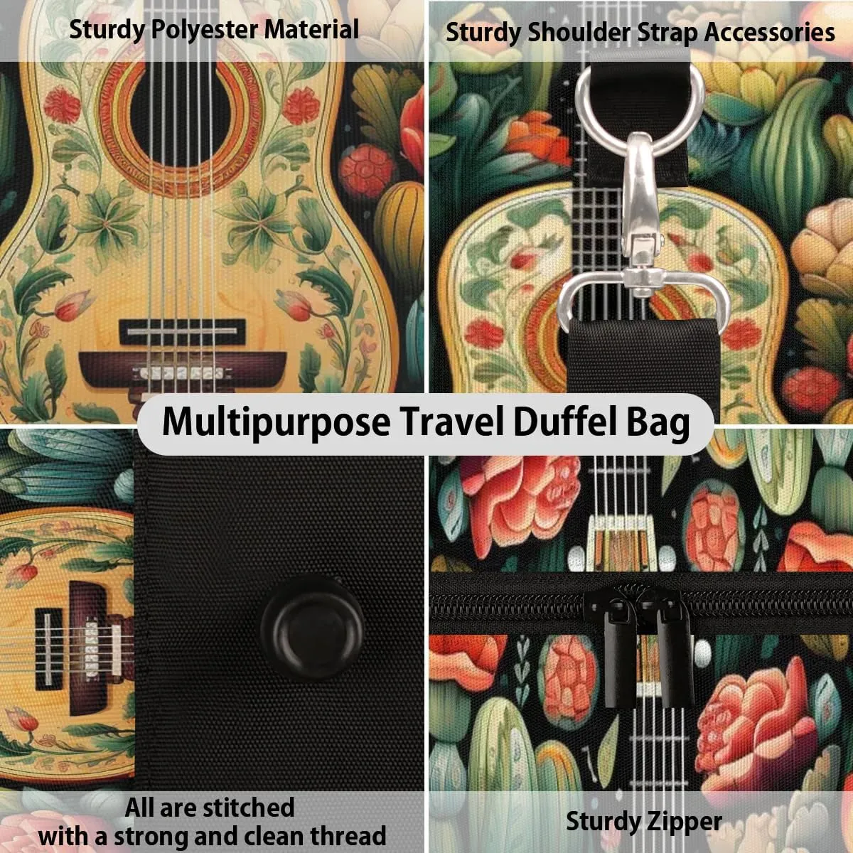 Floral Guitar Print Travel Duffel Bag for Women Men Waterproof Foldable Overnight Weekender Bag Large Capacity Sports Gym Bag