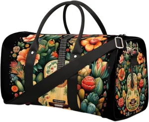 Floral Guitar Print Travel Duffel Bag for Women Men Waterproof Foldable Overnight Weekender Bag Large Capacity Sports Gym Bag