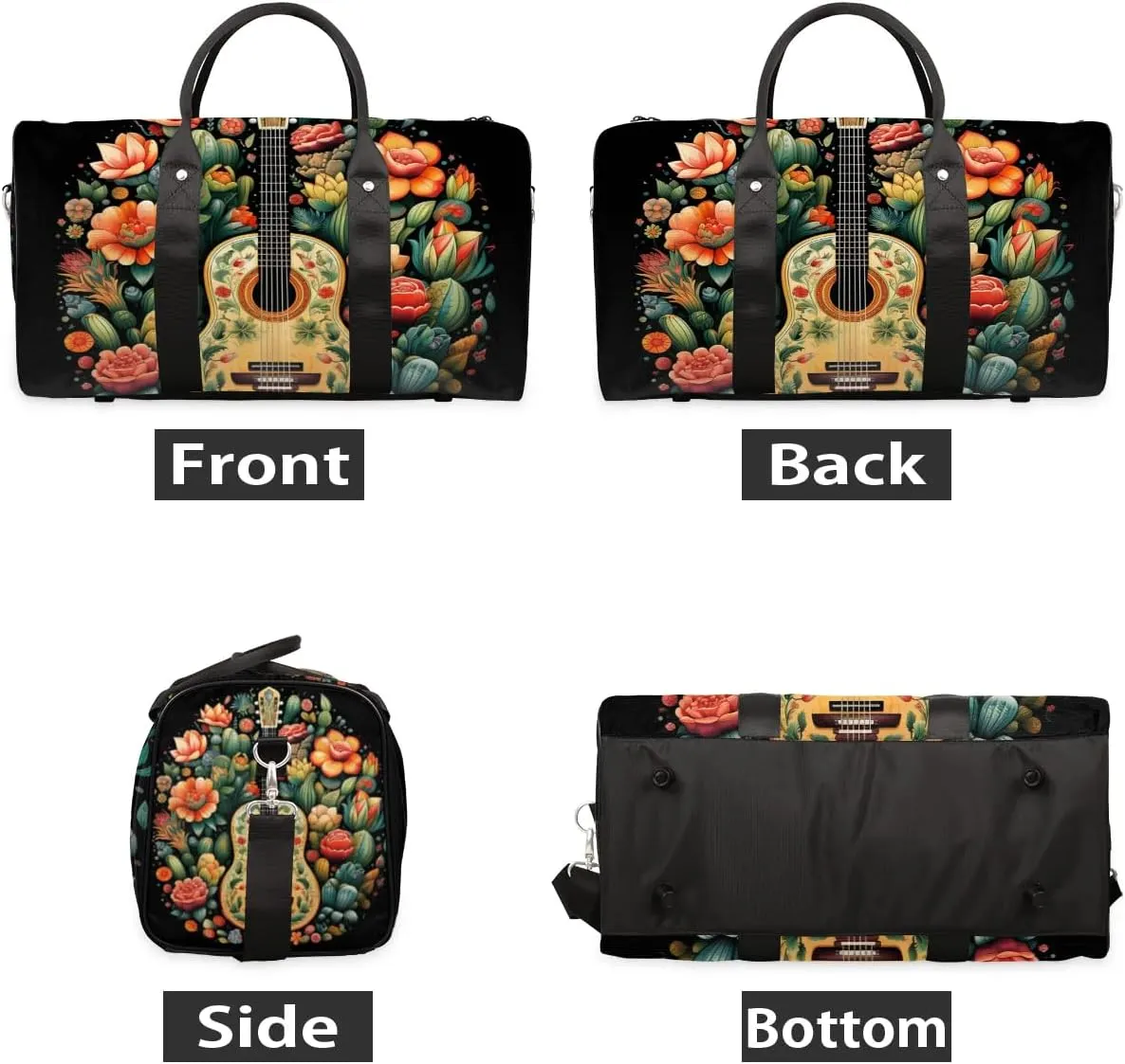 Floral Guitar Print Travel Duffel Bag for Women Men Waterproof Foldable Overnight Weekender Bag Large Capacity Sports Gym Bag