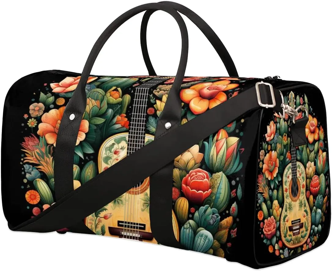 Floral Guitar Print Travel Duffel Bag for Women Men Waterproof Foldable Overnight Weekender Bag Large Capacity Sports Gym Bag