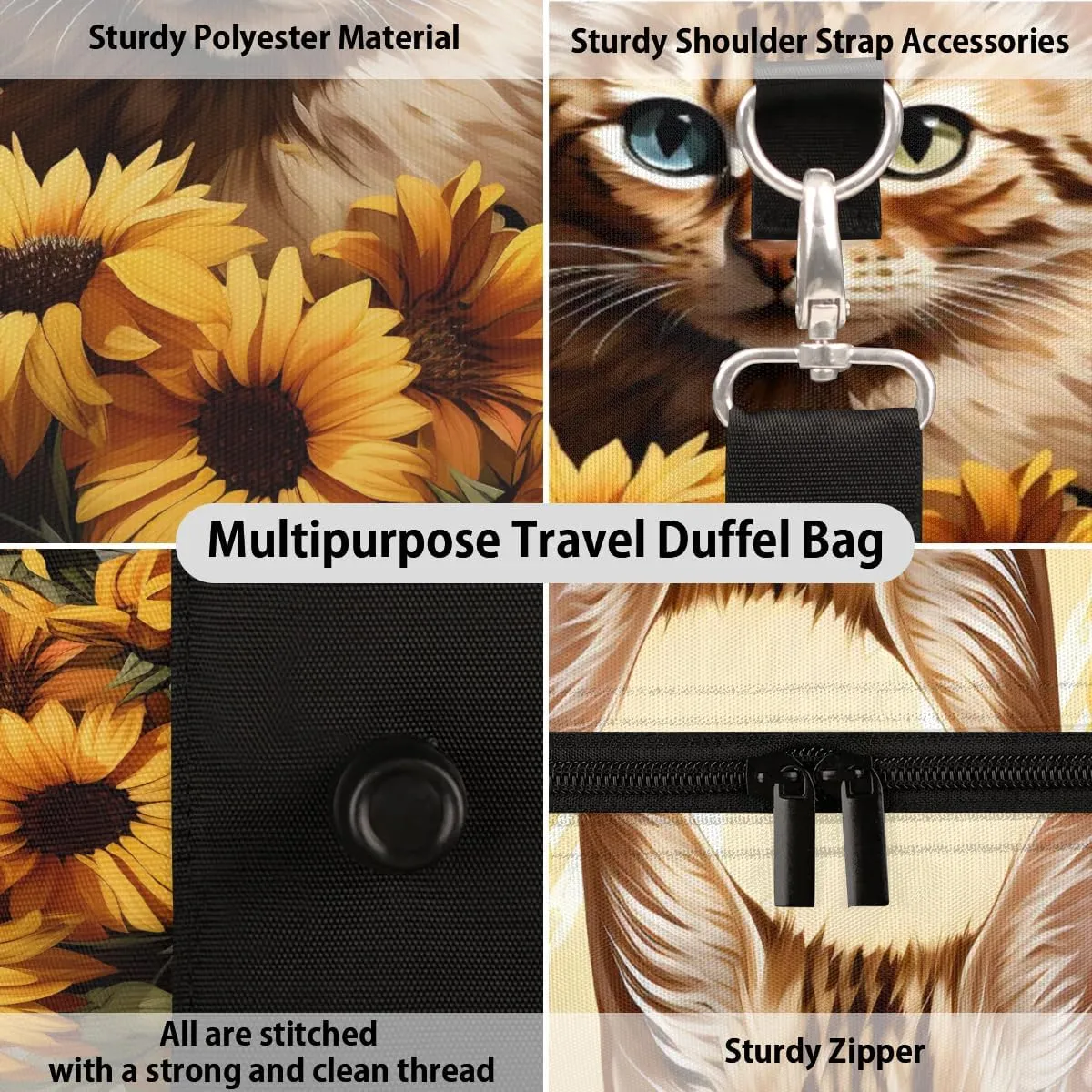 Flower Cat Travel Duffel Bag for Women Men Waterproof Foldable Overnight Weekender Bag Large Capacity Sports Gym Bag