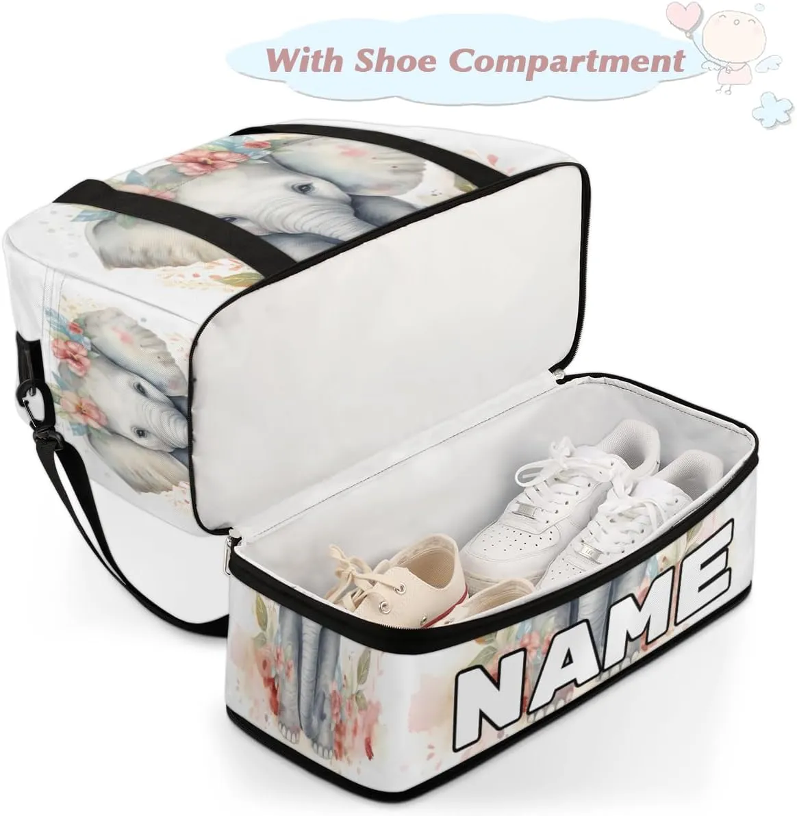 Flower Elephant Printed Custom Foldable Duffle Bag with Shoes Compartment Personalized Large Capacity Waterproof Travel Weekender Bag Overnight Bag for Sports Gym