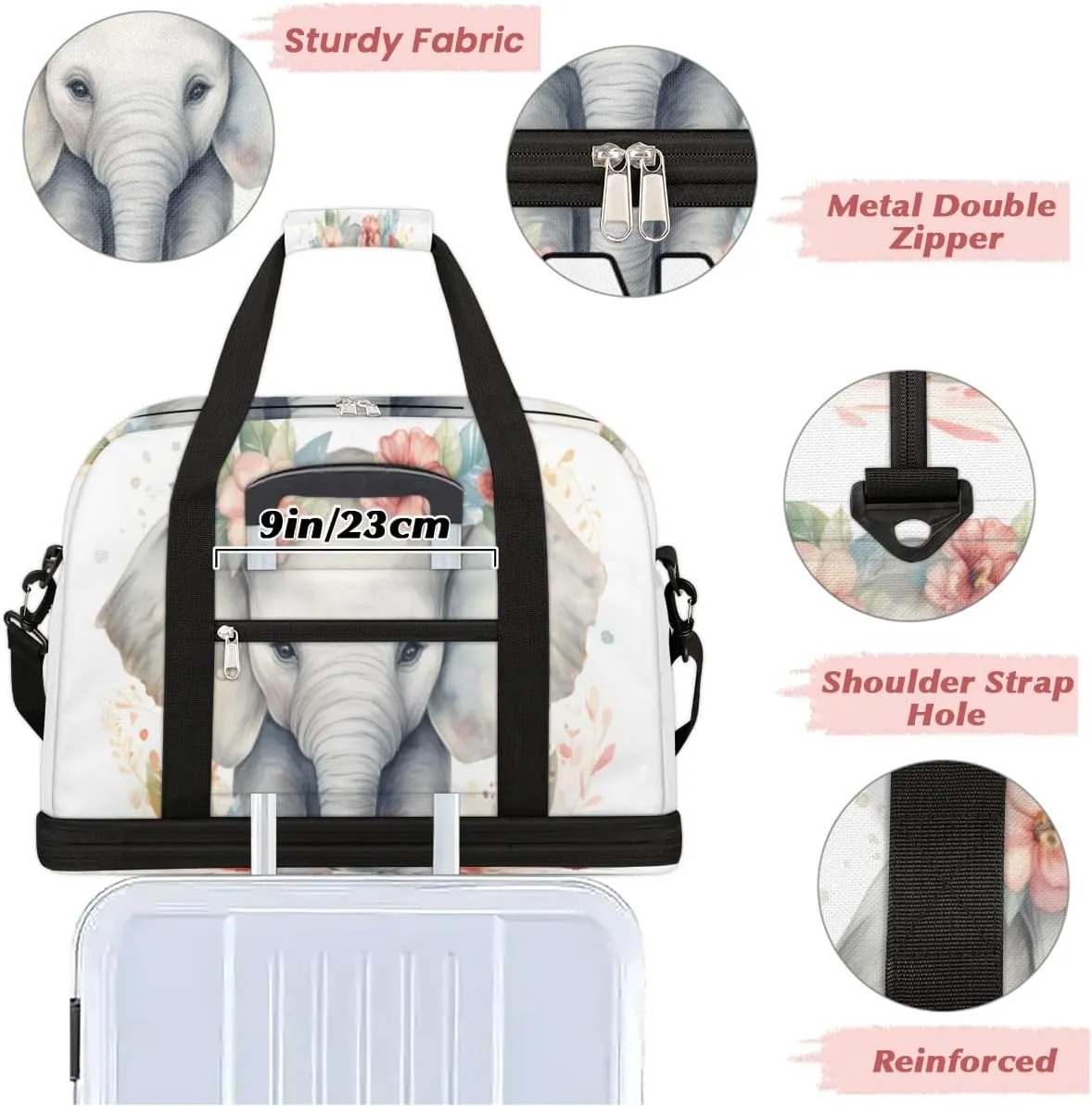 Flower Elephant Printed Custom Foldable Duffle Bag with Shoes Compartment Personalized Large Capacity Waterproof Travel Weekender Bag Overnight Bag for Sports Gym