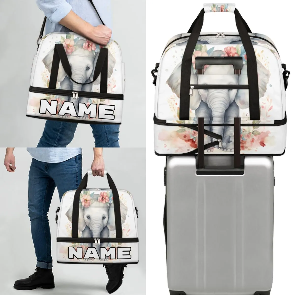 Flower Elephant Printed Custom Foldable Duffle Bag with Shoes Compartment Personalized Large Capacity Waterproof Travel Weekender Bag Overnight Bag for Sports Gym