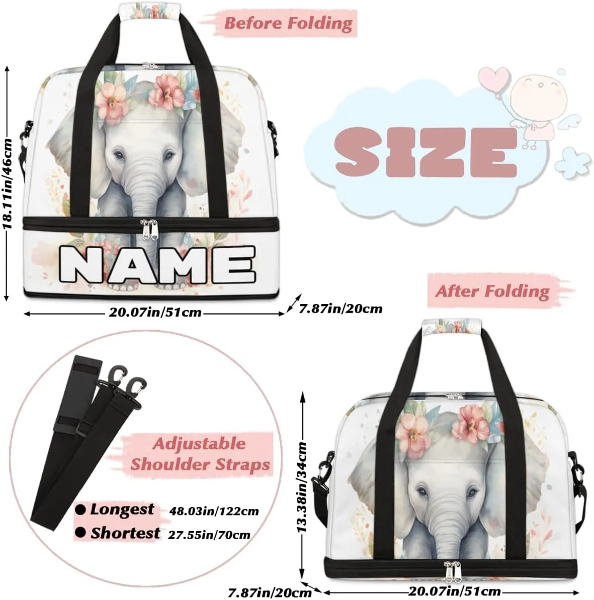 Flower Elephant Printed Custom Foldable Duffle Bag with Shoes Compartment Personalized Large Capacity Waterproof Travel Weekender Bag Overnight Bag for Sports Gym