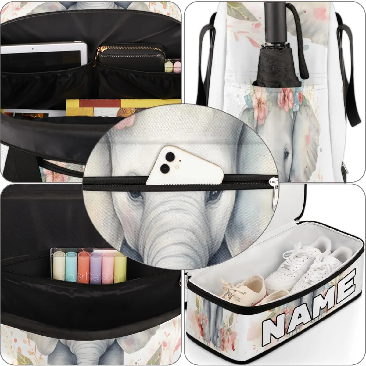 Flower Elephant Printed Custom Foldable Duffle Bag with Shoes Compartment Personalized Large Capacity Waterproof Travel Weekender Bag Overnight Bag for Sports Gym
