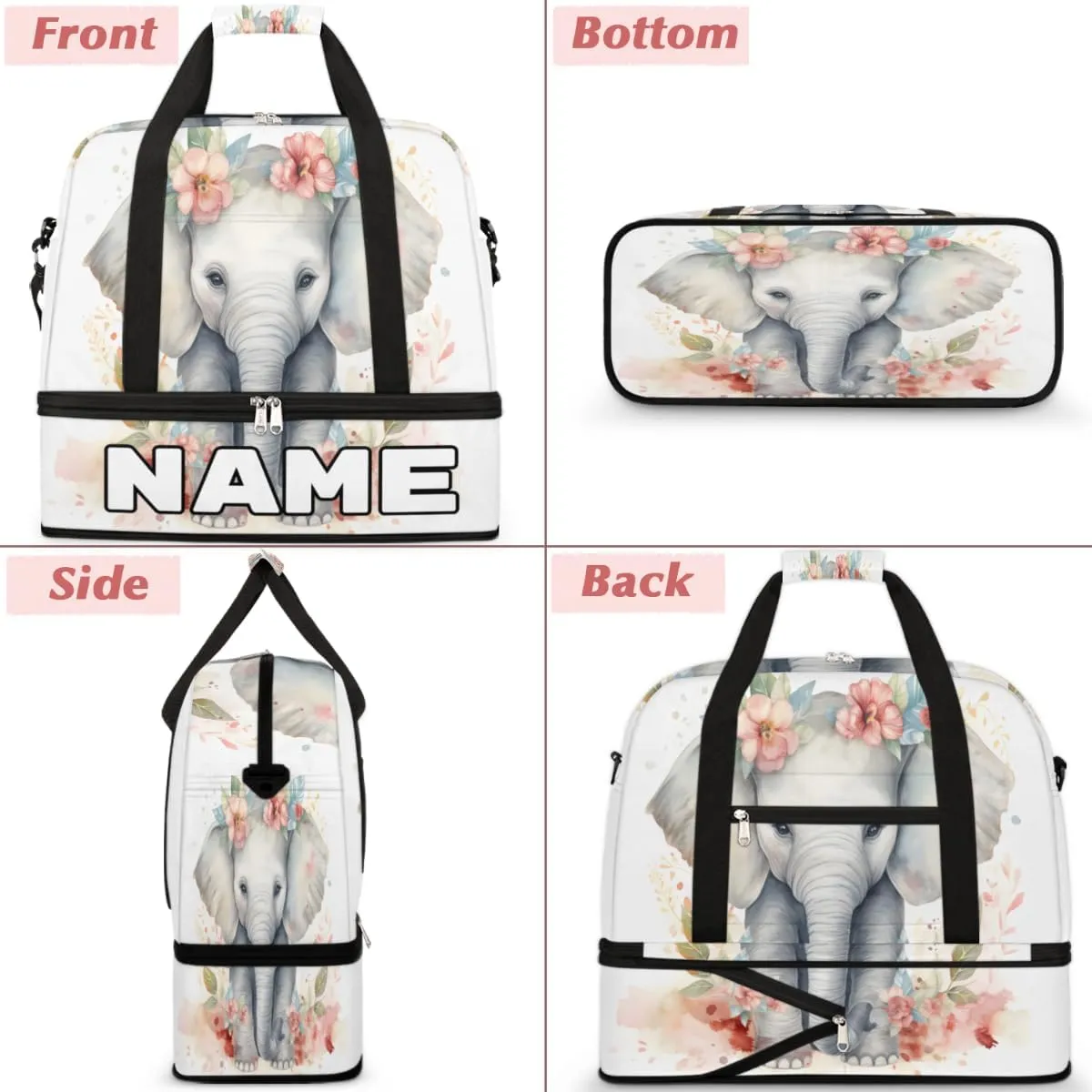 Flower Elephant Printed Custom Foldable Duffle Bag with Shoes Compartment Personalized Large Capacity Waterproof Travel Weekender Bag Overnight Bag for Sports Gym
