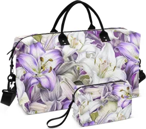 Flower Petals Violet Sports Gym Bag for Women Men Travel Duffel Bag Weekend Overnight Carry on Bag with Toiletry Bag Training Handbag for Swimming Yoga Workout Plane Hospital