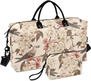 Flower Sparrow Sports Gym Bag for Women Men Travel Duffel Bag Weekend Overnight Carry on Bag with Toiletry Bag Air Travel Bag for Hospital Plane Swimming Yoga Workout