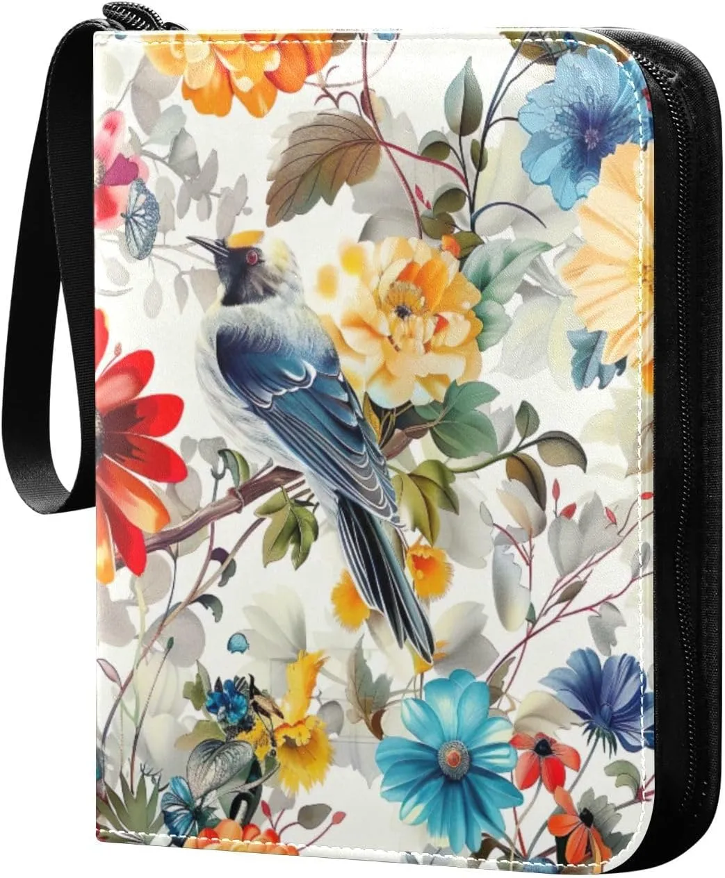 Flower with Colorful Birds Card Binder 4-Pocket, 400 Pockets Card Holder with 50 Removable Sleeves and Zipper for Games Baseball Football Sports Card