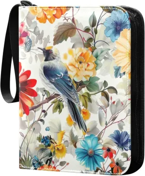 Flower with Colorful Birds Card Binder 4-Pocket, 400 Pockets Card Holder with 50 Removable Sleeves and Zipper for Games Baseball Football Sports Card