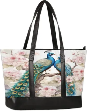 Flowering Branches Beautiful Peacocks Laptop Tote Bag for Women Lightweight Work Purse with Multiple Compartments Fits 13-15.6 Inch Laptop Tablet Shoulder Bag for Office Travel Daily Use