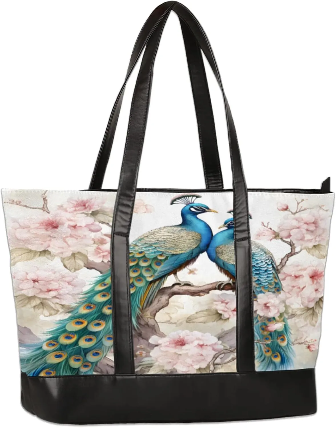 Flowering Branches Beautiful Peacocks Laptop Tote Bag for Women Lightweight Work Purse with Multiple Compartments Fits 13-15.6 Inch Laptop Tablet Shoulder Bag for Office Travel Daily Use
