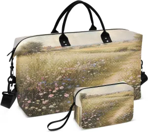 Flowers Meadow Path Beige Sports Gym Bag for Women Men Travel Duffel Bag Weekend Overnight Carry on Bag with Toiletry Bag Training Handbag for Workout Swimming Yoga Plane Hospital