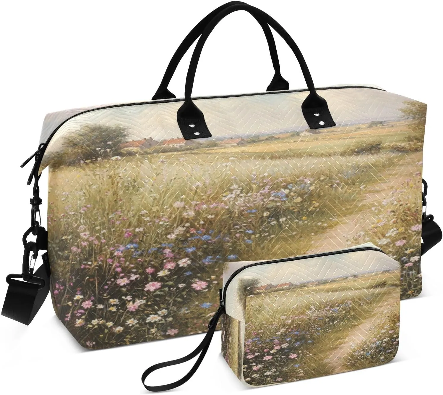 Flowers Meadow Path Beige Sports Gym Bag for Women Men Travel Duffel Bag Weekend Overnight Carry on Bag with Toiletry Bag Training Handbag for Workout Swimming Yoga Plane Hospital