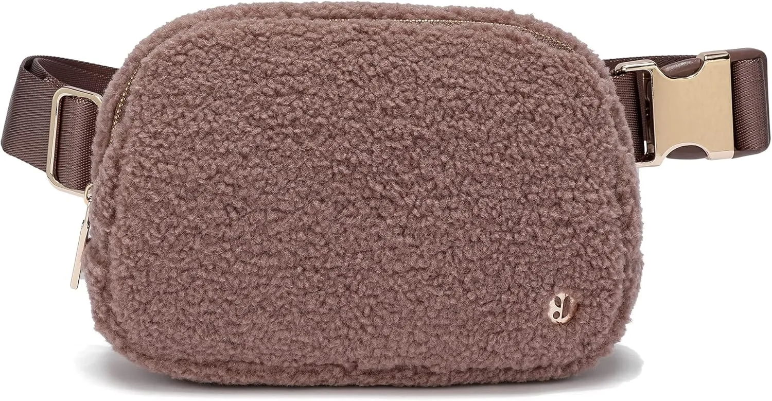 FODOKO Sherpa Belt Bag, Fleece Crossbody Bag Fanny Pack for Women Fashionable Everywhere Waist Bum Bag Pack with Hardware Buckle (Light Brown)