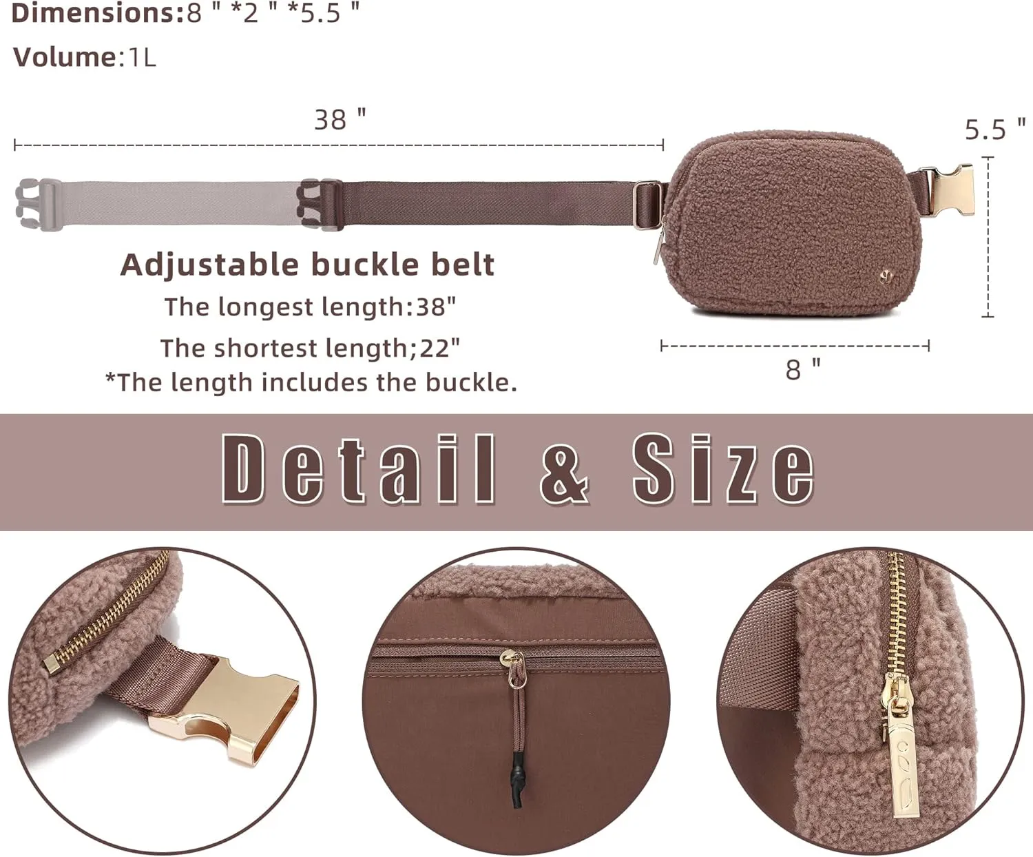 FODOKO Sherpa Belt Bag, Fleece Crossbody Bag Fanny Pack for Women Fashionable Everywhere Waist Bum Bag Pack with Hardware Buckle (Light Brown)