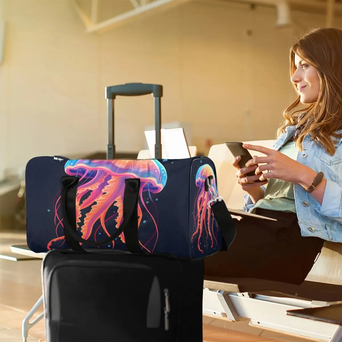 Foldable Travel Bag Jellyfish Print Lightweight Carry On Bags for Airplanes Waterproof Travel Duffle Bag For Gym Weekend Overnight