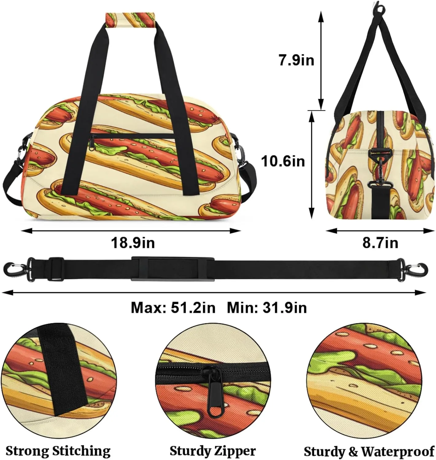 Food Small Gym Bag for Women Men, Hot Dogs Travel Duffle Bag Workout Dance Tote Bag Carry On Overnight Weekender Bag