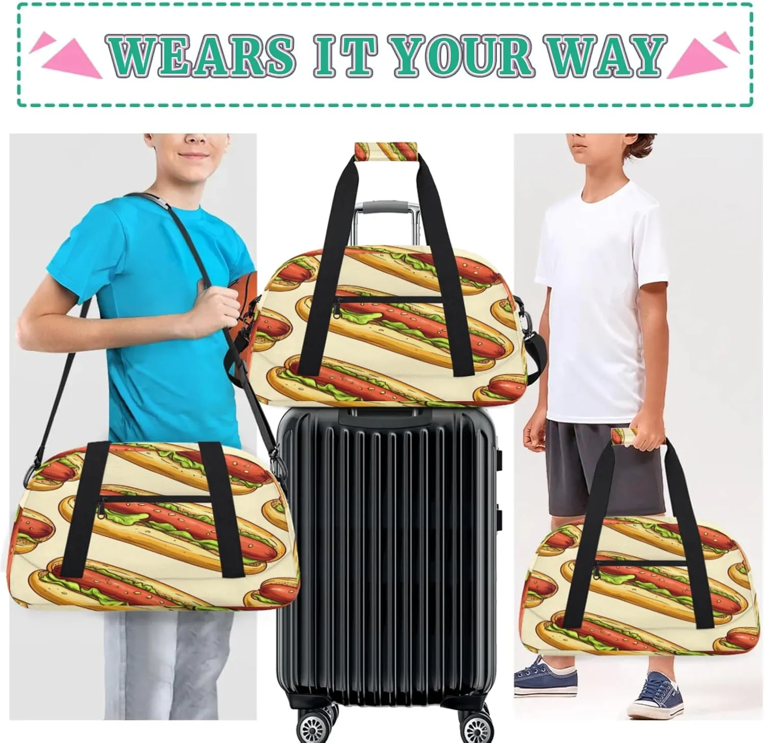 Food Small Gym Bag for Women Men, Hot Dogs Travel Duffle Bag Workout Dance Tote Bag Carry On Overnight Weekender Bag