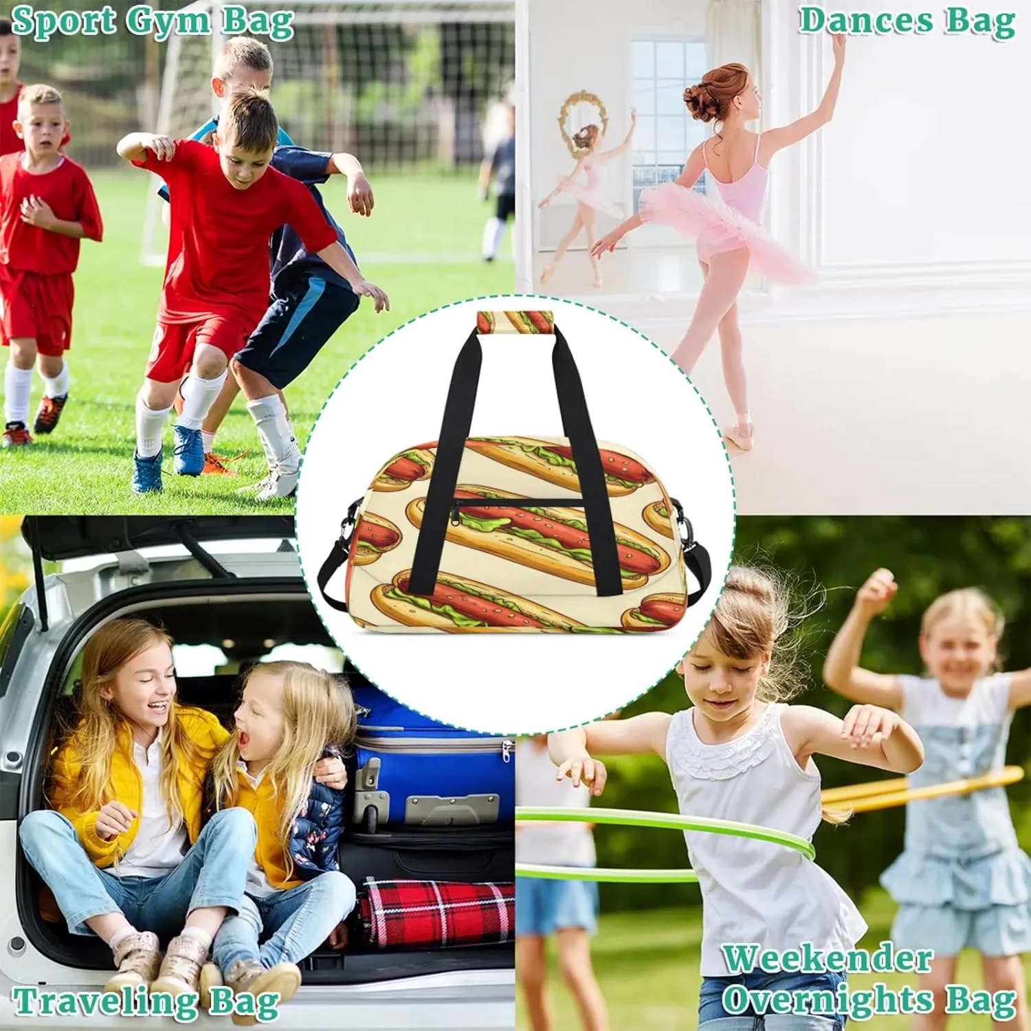 Food Small Gym Bag for Women Men, Hot Dogs Travel Duffle Bag Workout Dance Tote Bag Carry On Overnight Weekender Bag