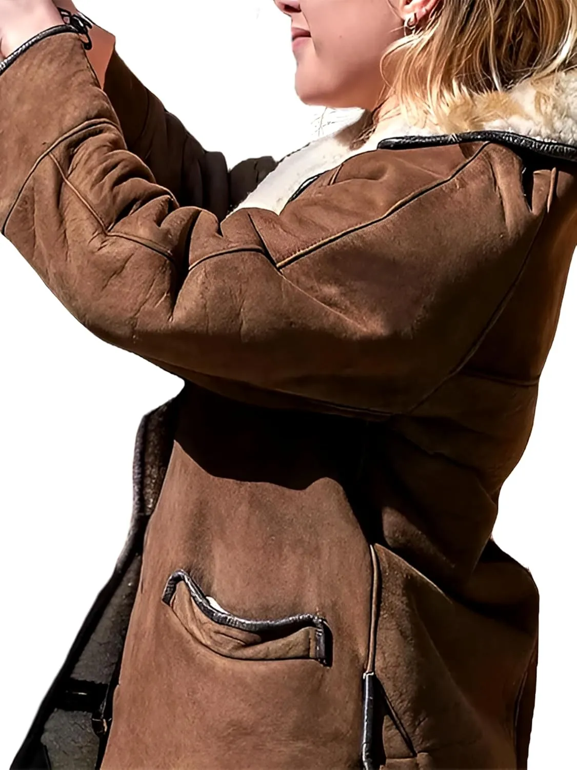 FP Actress Classic Genuine Brown Suede Leather Lapel Style Shearling Jacket for Women