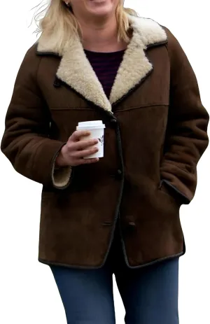 FP Actress Classic Genuine Brown Suede Leather Lapel Style Shearling Jacket for Women